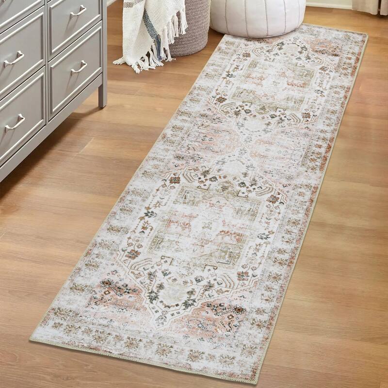 Vintage Medallion Living Room Rug Washable Soft Non-Slip Low Pile Area Rug Indoor Distressed Accent Rug - 2'x10' - Taupe/Multi
