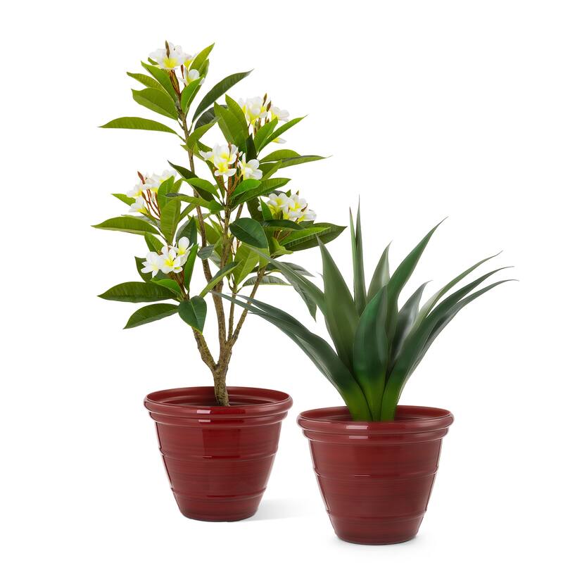 Glitzhome Set of 2 Round Cobalt Blue/Turquoise/Red Faux Ceramic Pot Plastic Planter