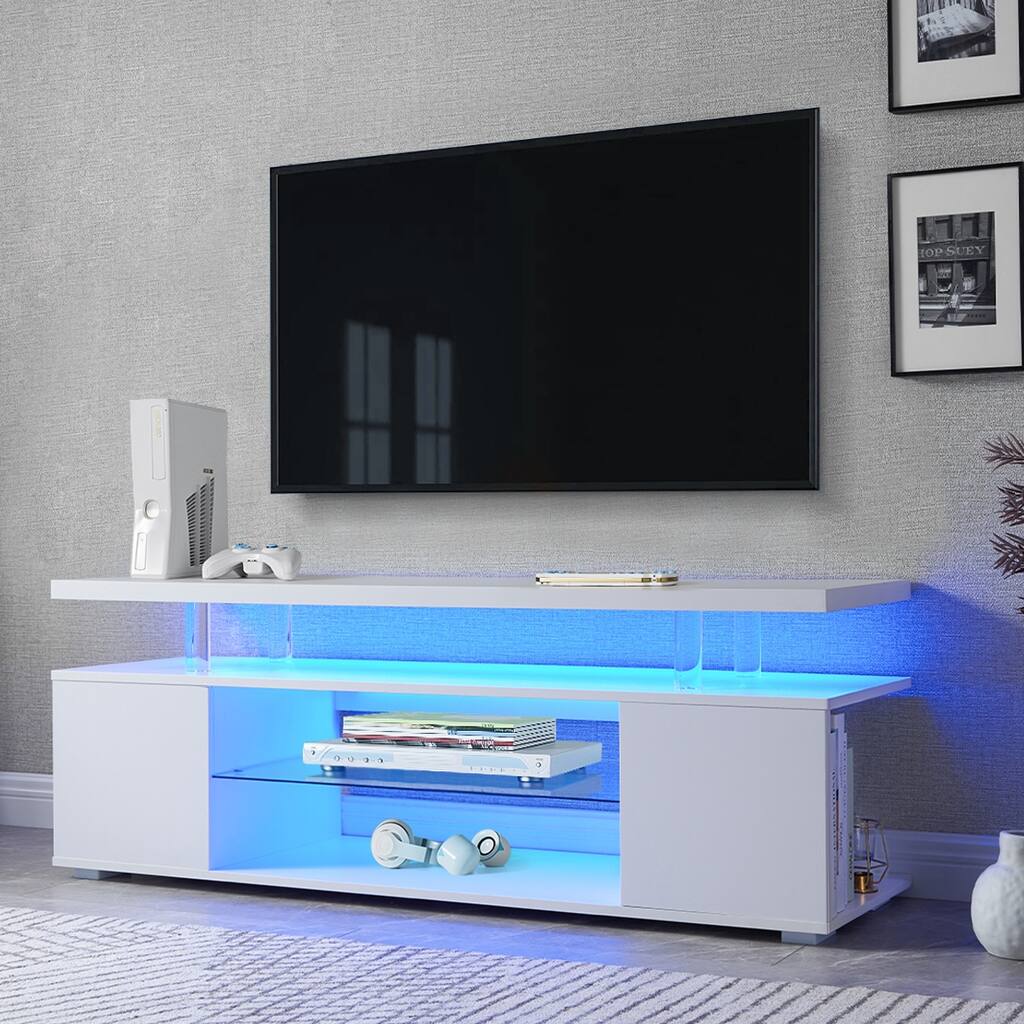 White 51.18" Media TV Stand with Multi Colored LED Lights and Open Storage Space for 70" TV