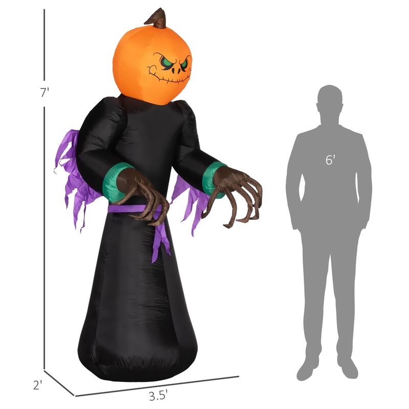7 ft Inflatable Halloween Reaper with Pumpkin Head LED Lights and Red Flame Effect Waterproof Polyester for Outdoor Decoration