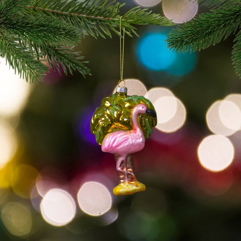4" Pink Flamingo with Palm Tree Hanging Glass Christmas Ornament