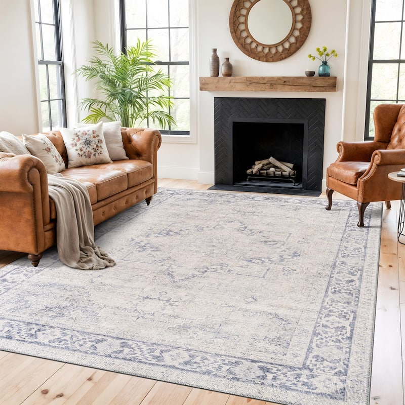 Classic Washable Non-Slip Area Rug, Flat Pile Design for Any Room - 7'7" x 9'6" - Blue