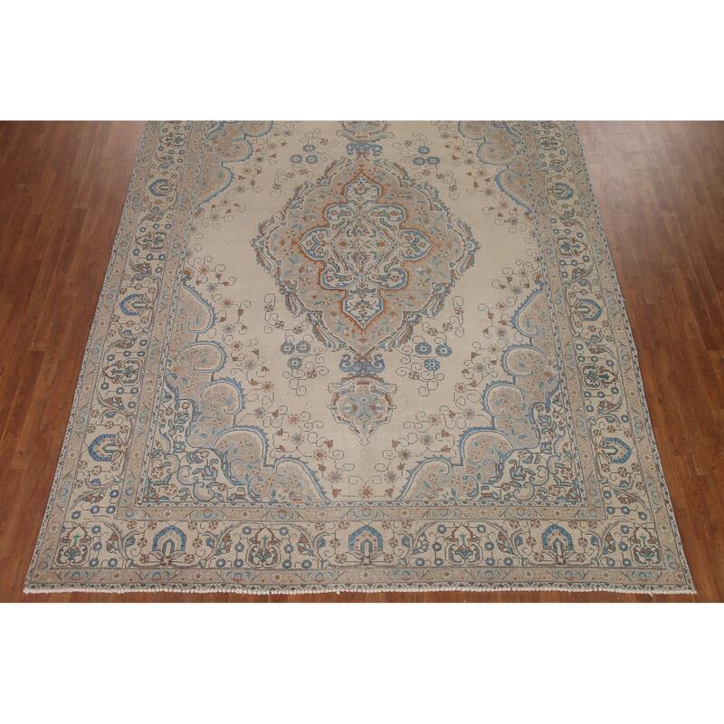 Hand Knotted Oriental 100% Wool Carpet Traditional Medallion Beige & Ivories Tabriz Area Rug - 13' 0'' X 9' 7''