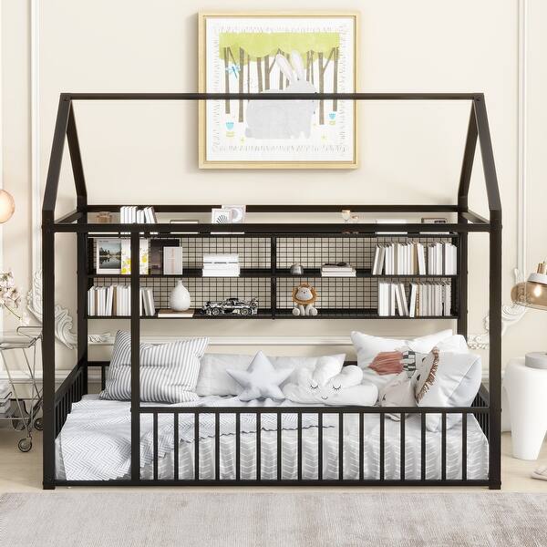 slide 2 of 54, Metal House Bed Frame Kids Montessori Bed Floor Bed with Fence and Shelves for Kids Girls Boys Black - Twin