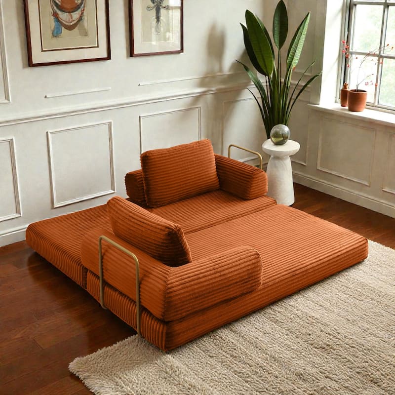 Convertible Sofa Bed Futon, Corduroy Folding Floor Couch with Pillows, Boneless Sleeper Mattress for Living Room