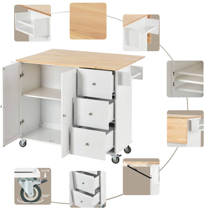 Multi-Functional Kitchen Island on Wheels with Expandable Drop Leaf, Large Storage & Sturdy Wood Surface