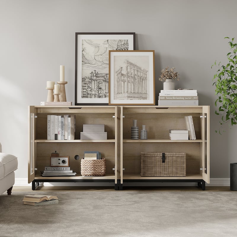 WAMPAT Modern TV Stand with Glass Doors for 110 inch TVs, Entertainment Center Console with Adjustable Shelves and Metal Base