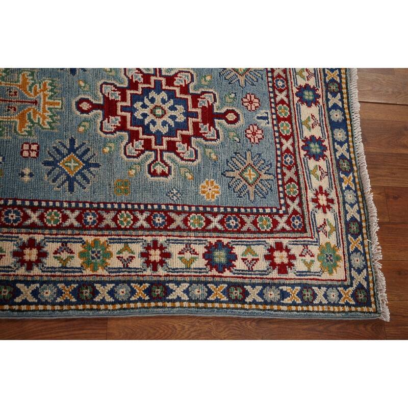 Light Blue Kazak Oriental Runner Rug Handmade Geometric Wool Carpet - 2'7" x 12'7"