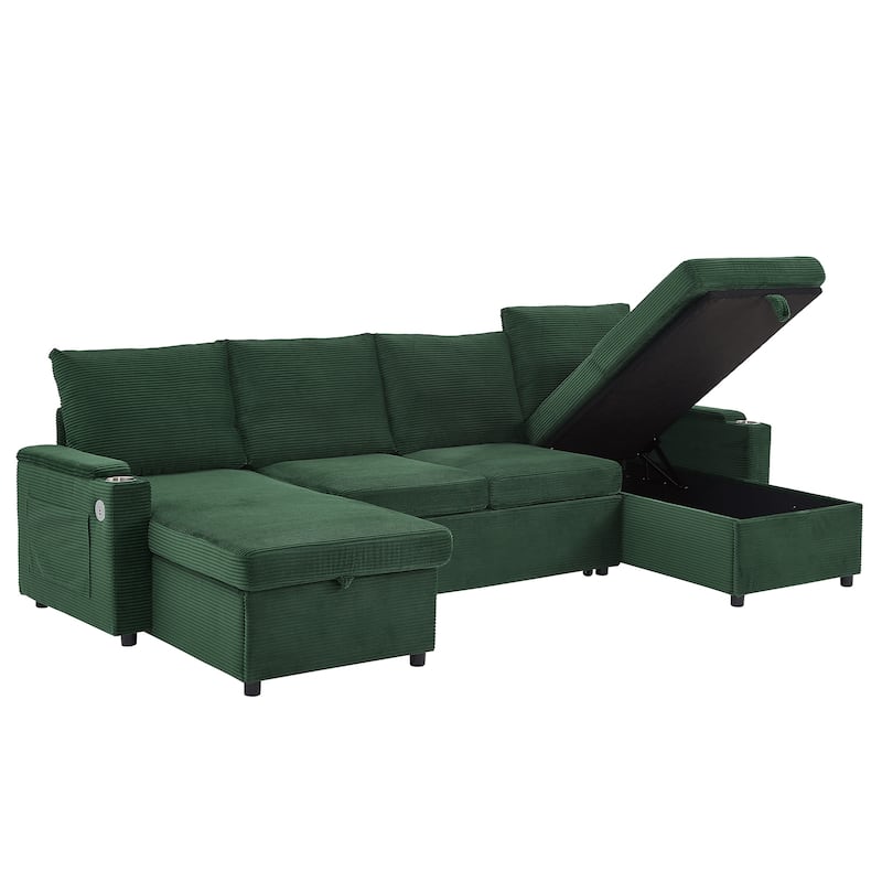 Convertible Sofa Bed with Pull Out Bed, U-Shaped Sectional Sofa with Dual Storage Chaise Lounges, USB Ports & Cup Holders