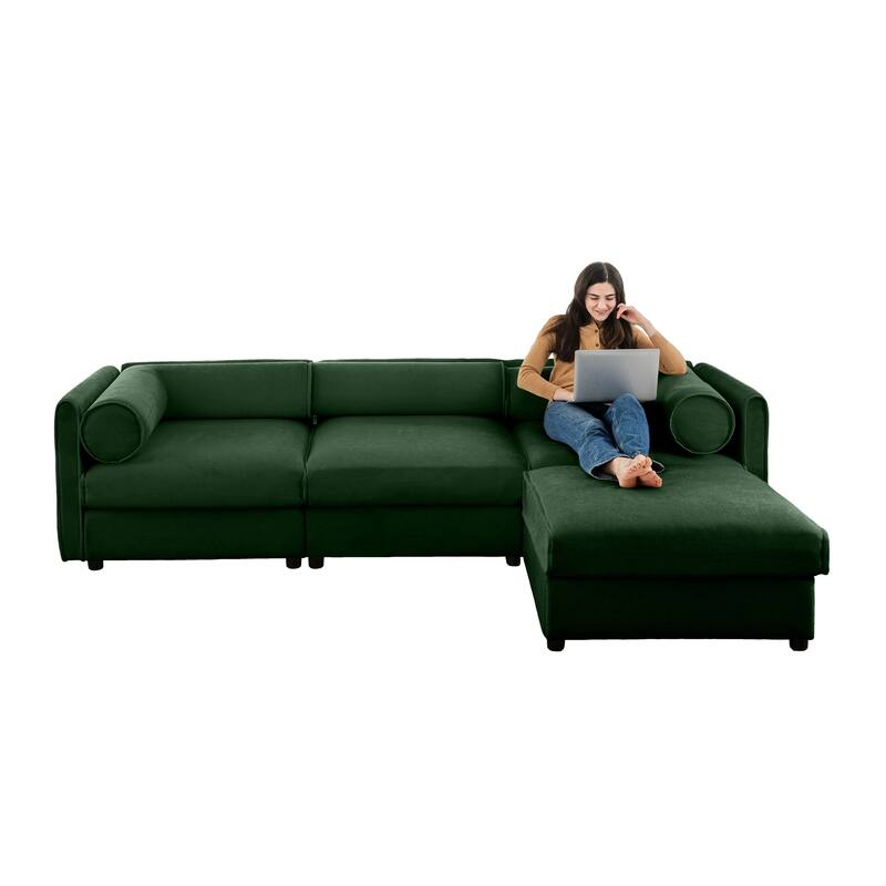 109" Chenille L-Shaped 3-Seater Sofa with Ottoman & Storage