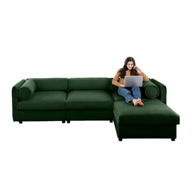 109" L-Shaped 3-Seater Chenille Sofa with Ottoman and Hidden Storage(Cylindrical Backrest Design)