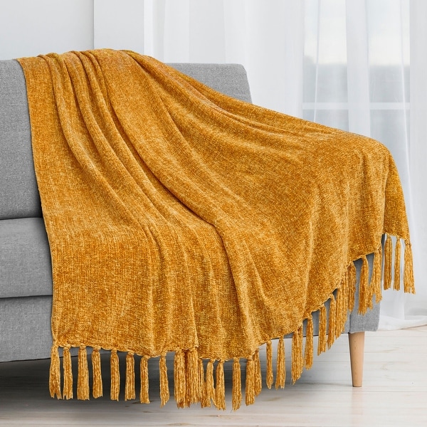 Chenille Knitted Throw Blanket Mustard 