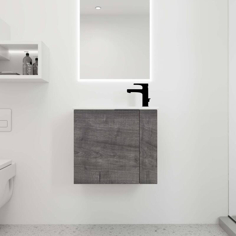 22 inch Plywood Wall-Mounted Bathroom Vanity in Grey Oak with Integrated Ceramic Sink in White with Soft Closing Door - Grey