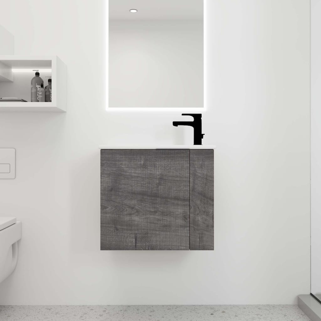 22 inch Plywood Wall-Mounted Bathroom Vanity in Grey Oak with Integrated Ceramic Sink in White with Soft Closing Door