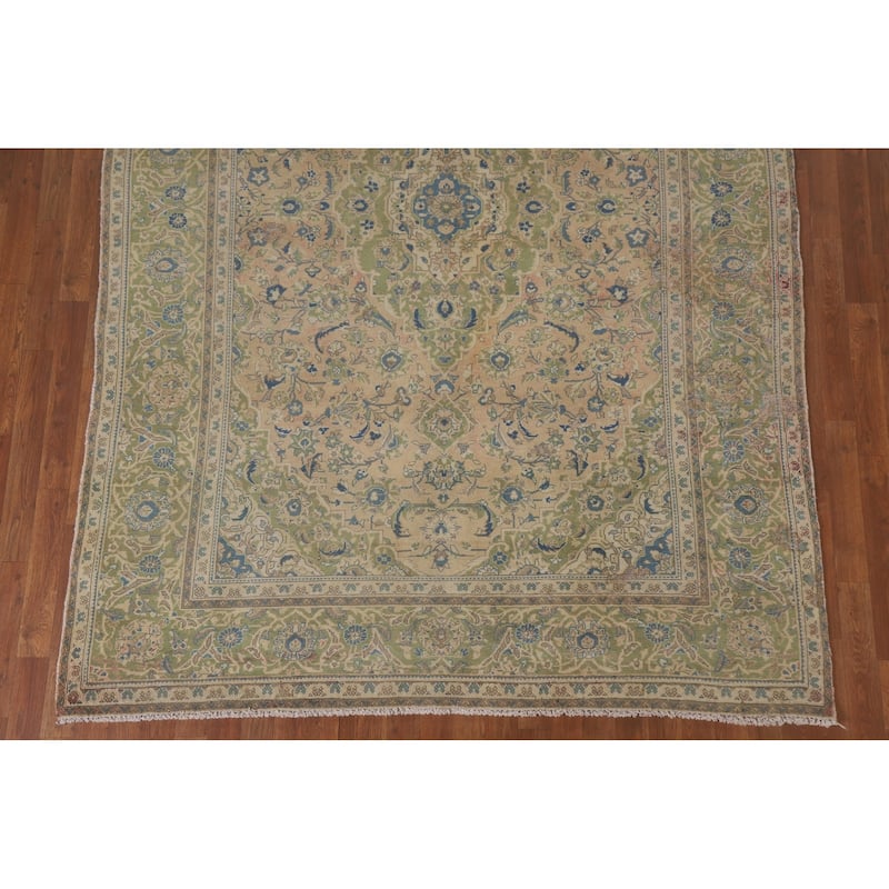 Hand Knotted Oriental 100% Wool Carpet Traditional Floral Peach Kashan Area Rug - 9' 8'' X 6' 6''