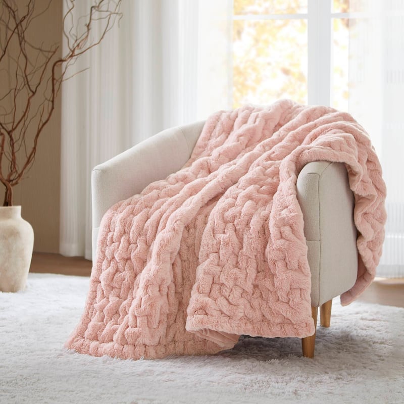Madison Park Ruched Fur Throw - Blush