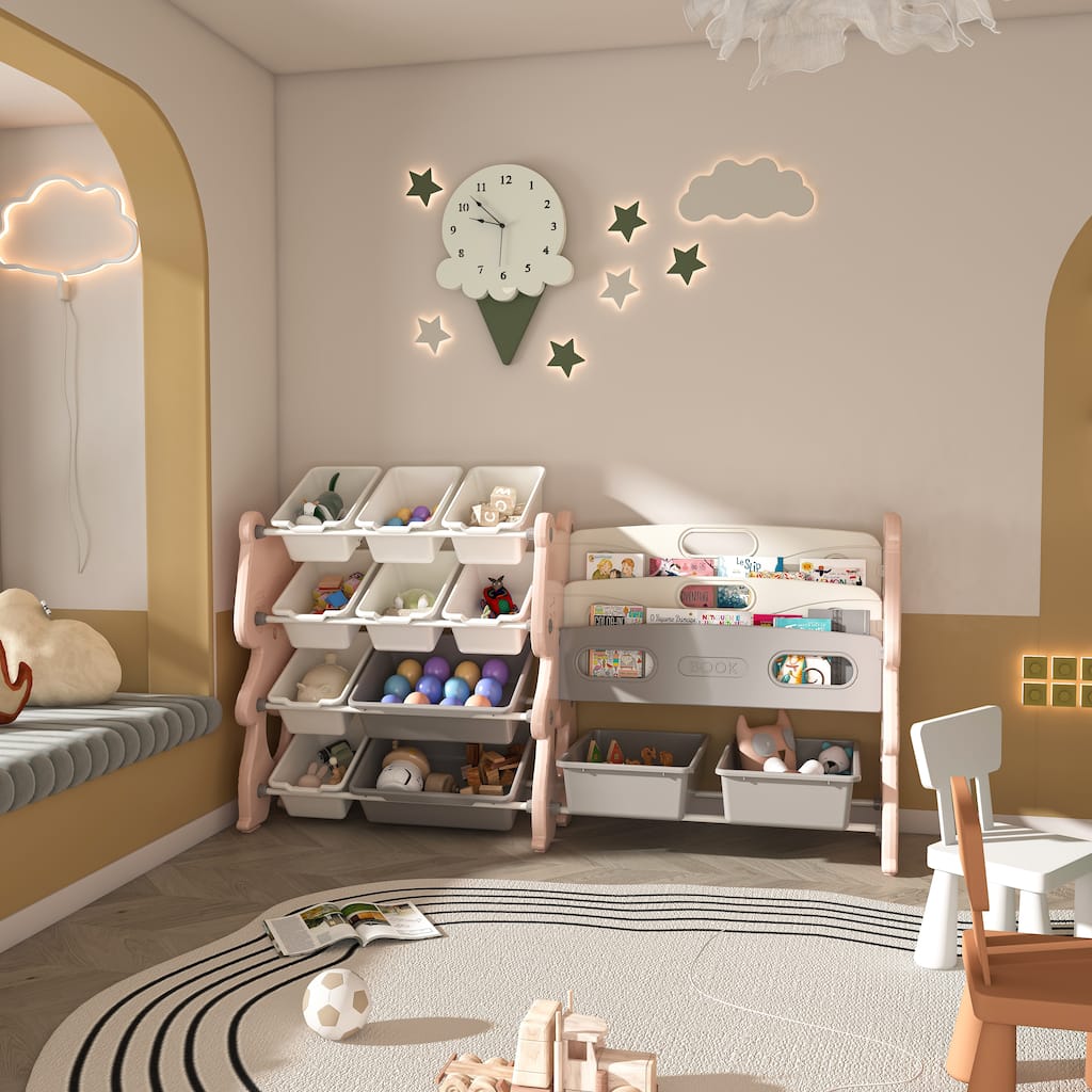 Kids Toy Storage Organizer, Toy Organizer with 2 Tier Bookshelf