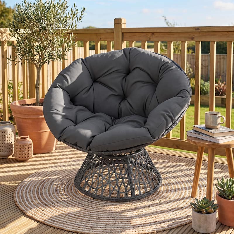 Gymax 360-DegreeSwivel Papasan Chair Round Wicker Lounge Chair w/Thick