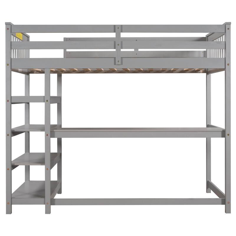 Full/Twin Size Loft Bed with Under-bed Desk & Storage Shelves, Space-Saving Design, Solid Pine Frame, No Box Spring Required