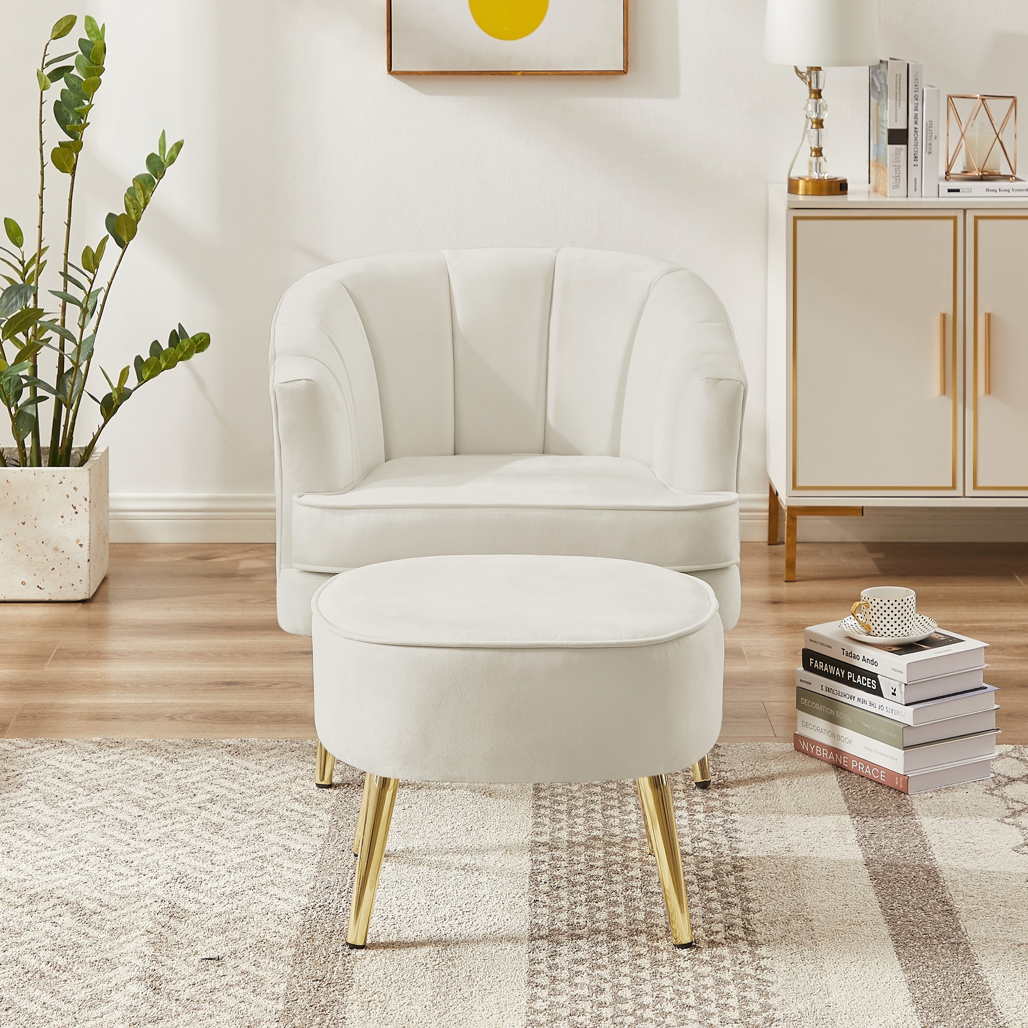 Cream white armchair with ottoman for Living Room and Bedroom