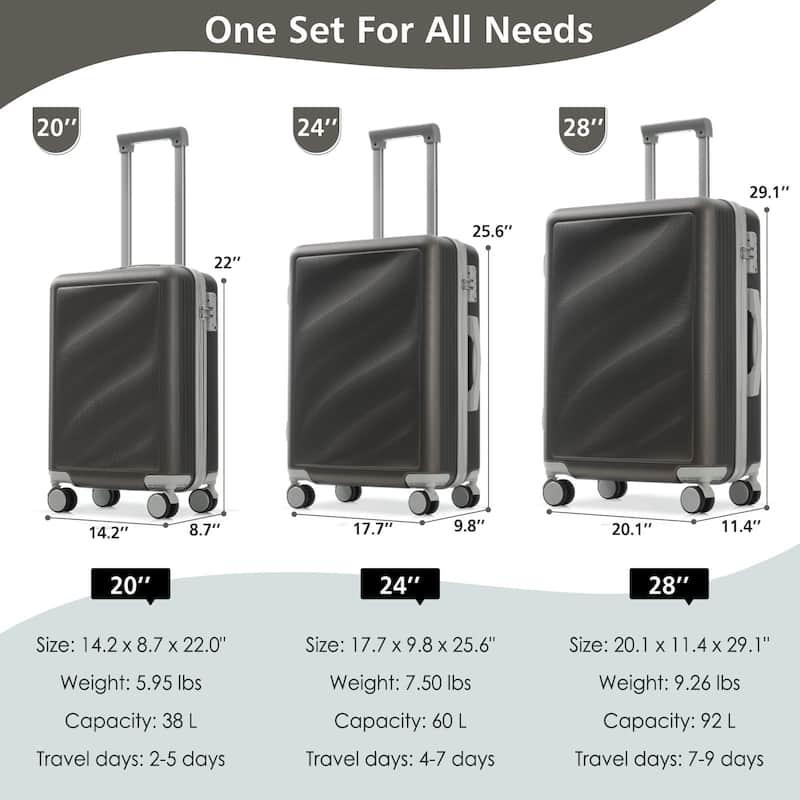 3-Piece, 20, 24, 28-Inch Modern Luggage Sets with Side Hooks and TSA Lock, for Boarding Travel, Bronze Golden