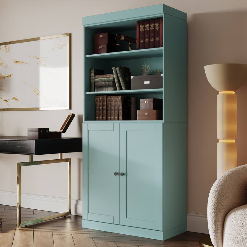 Palace Imports 100% Solid Wood 6-Shelf Bookcase with Shaker Doors and Adjustable Shelves - Aqua Blue