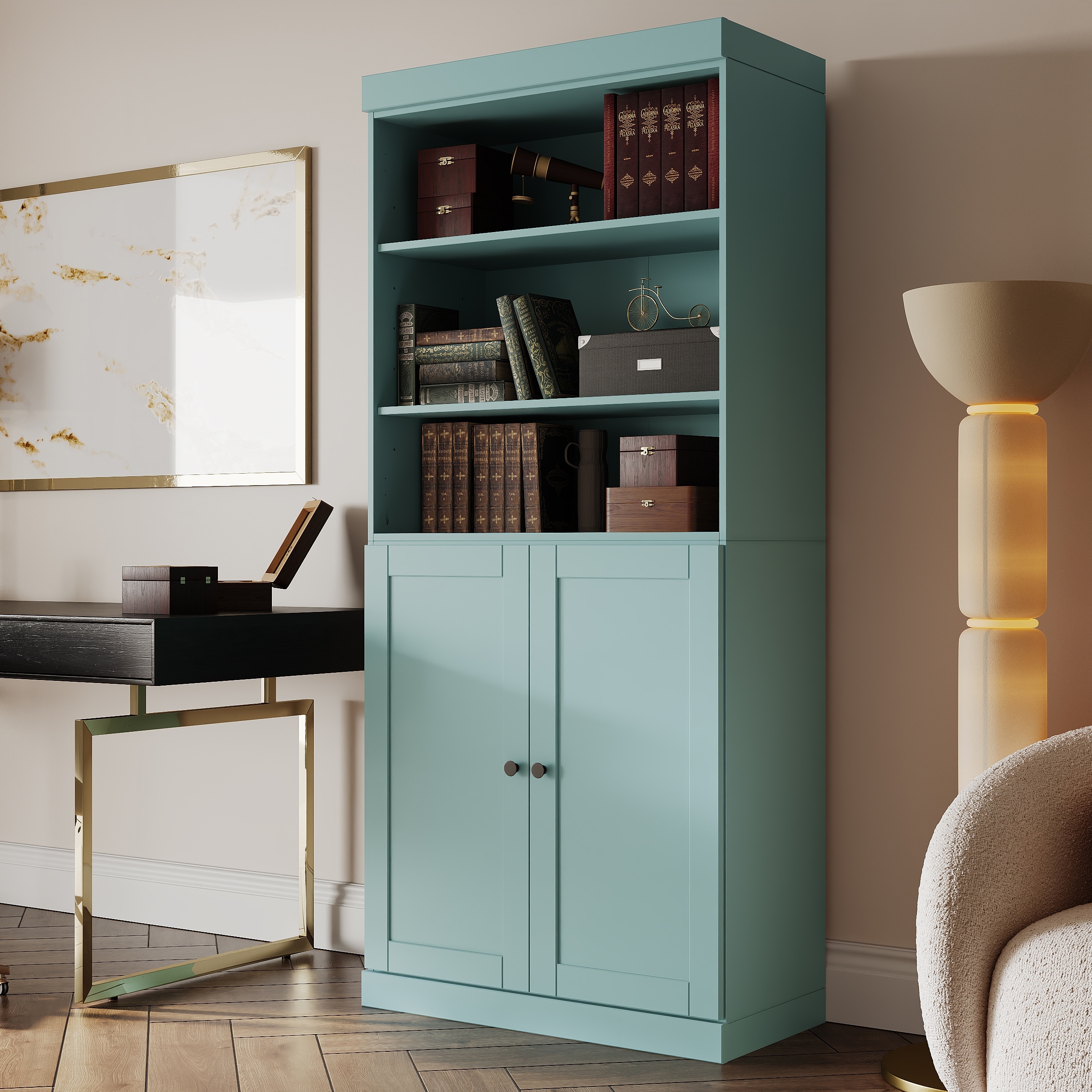 Solid Wood Tall Bookcase with Doors, Adjustable Shelves, Modular Storage, Open Display Bookshelf, 32" W x 71.5" H