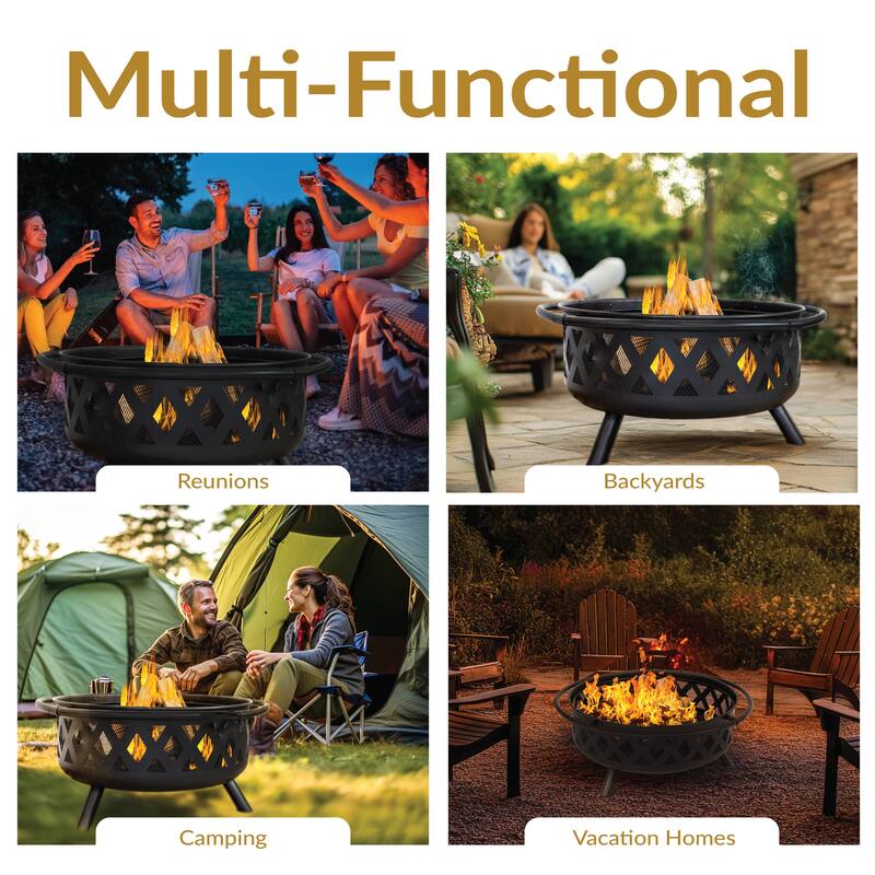 36" Fire Pit Steel with Black Finish Crossweave with Spark Screen