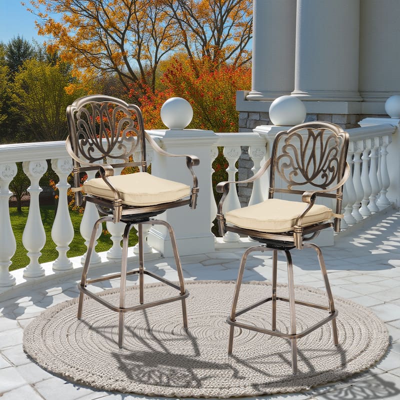 Set of 2 Aluminum Swivel Bar Stools with Thick Comfortable Cushions and Footrests for Patio or Porch - 25.2"D x 25.6"W x 51"H