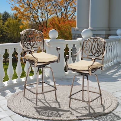Set of 2 Aluminum Swivel Bar Stools with Thick Comfortable Cushions and Footrests for Patio or Porch - 25.2"D x 25.6"W x 51"H
