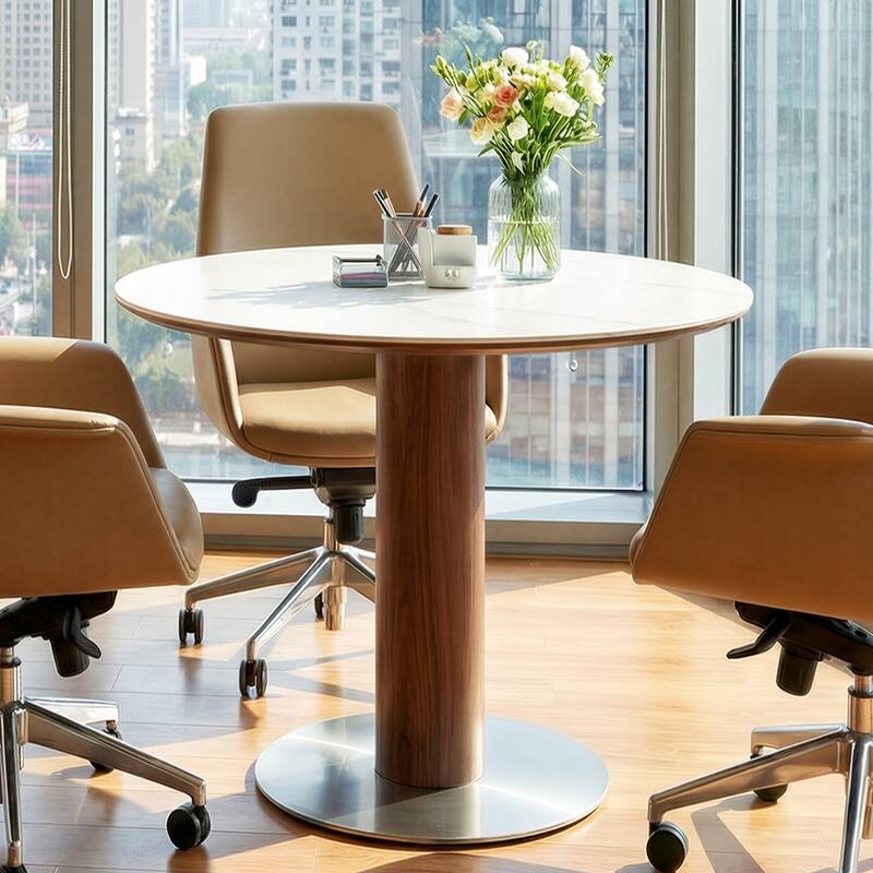 31.5 Inch Round Conference Table for 2-4, Office Meeting Table with Thicken Sintered Stone Tabletop - 31.5" Dia. x 29.53" H