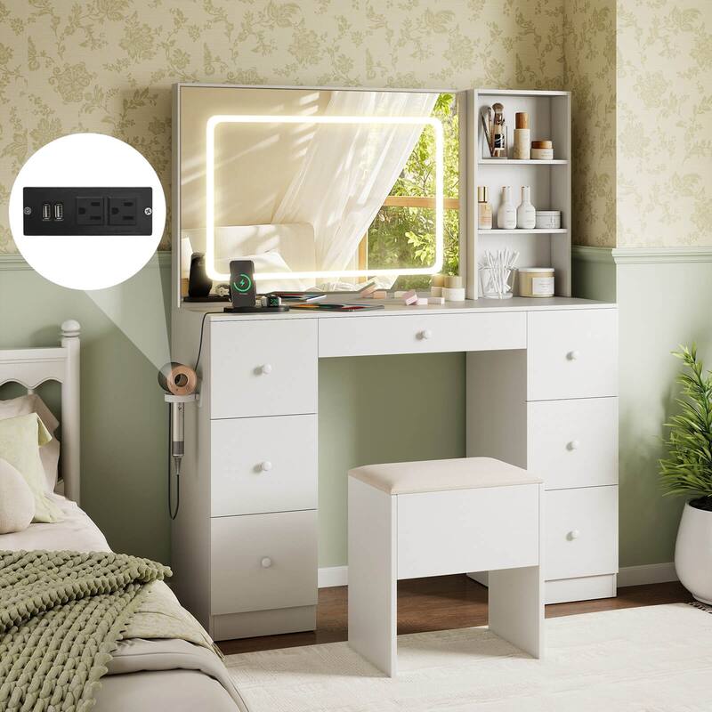 Costway Vanity Desk with Mirror & Lights Makeup Table with Power - See Details