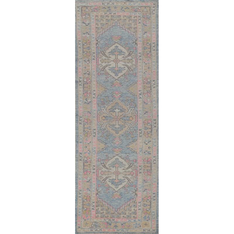 Handmade Vegetable Dye Oushak Turkish Runner Rug Blue Wool Carpet - 3'1"x 11'3"