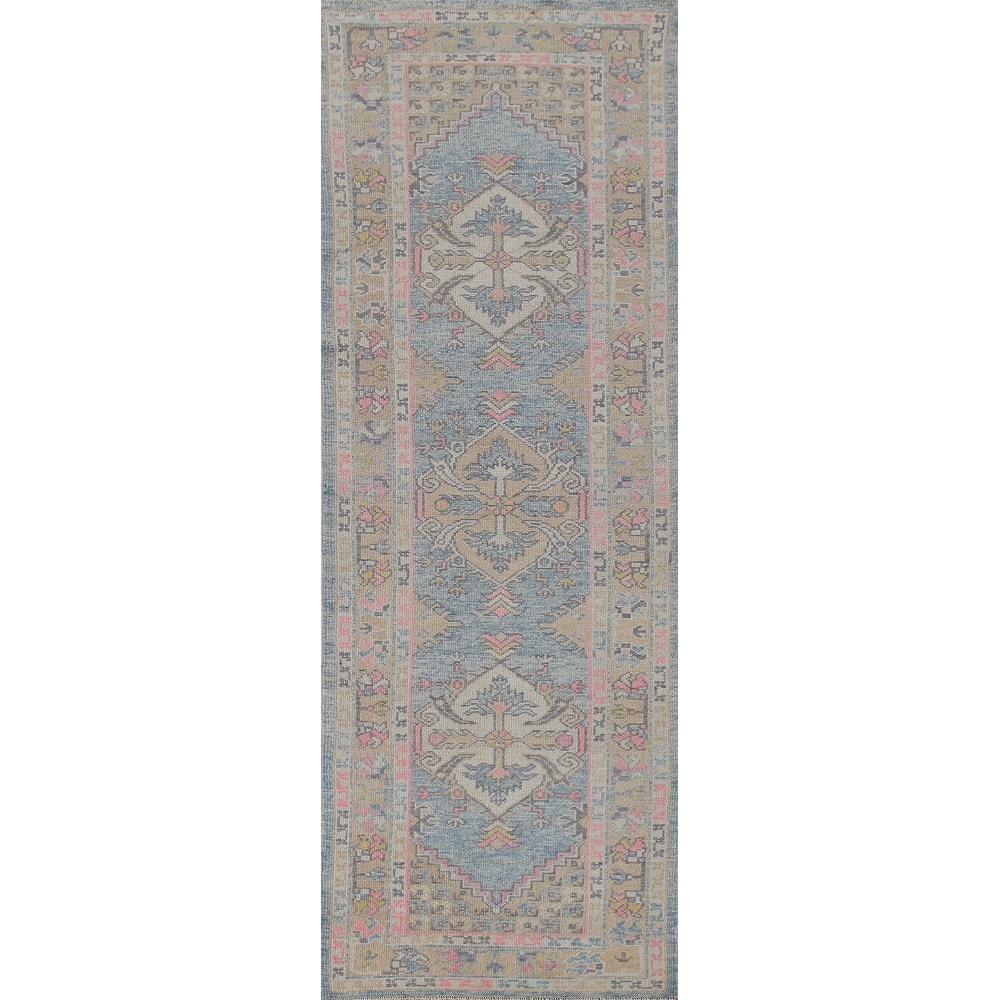 Handmade Vegetable Dye Oushak Turkish Runner Rug Blue Wool Carpet - 3'1"x 11'3"