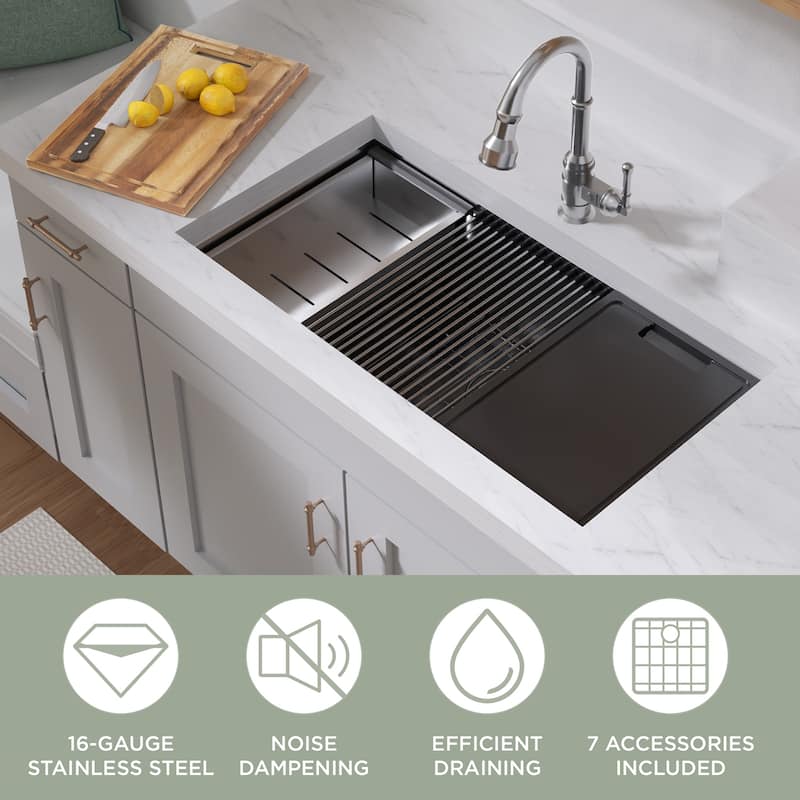 Whitehaus Undermount Single Bowl 16 Gauge Brushed Stainless Steel Workstation Sink With Accessories