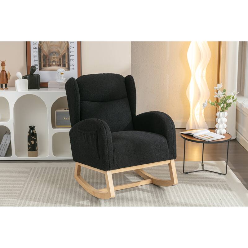Black Modern 38" High Back Upholstered Rocking Chair with Wood Legs and Packet
