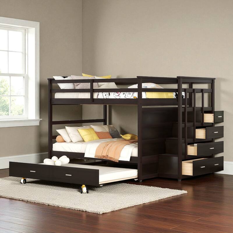 Full Over Full Bunk Bed with Twin Trundle and Storage Staircase, Solid Wood Frame, Space-Saving Design
