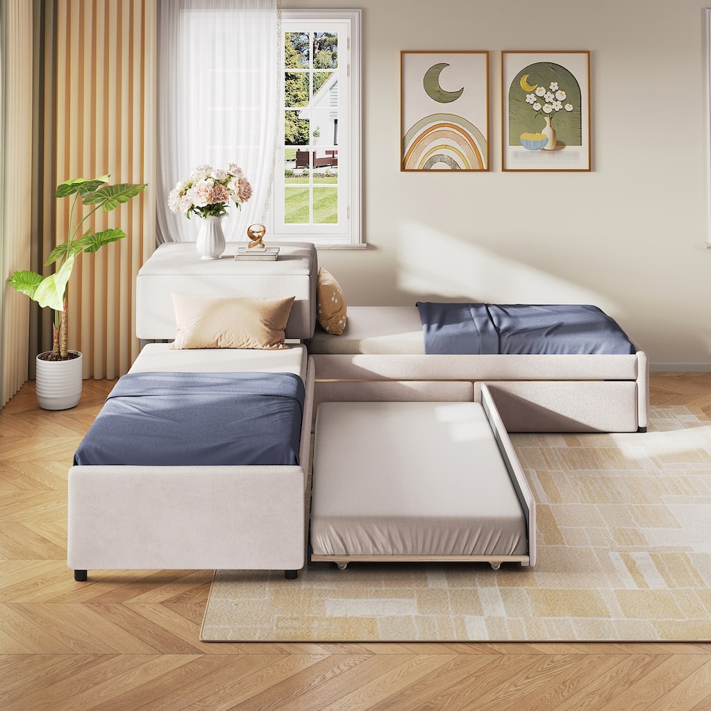 L-shaped Upholstered Platform Bed with Trundle and Two Drawers Linked with built-in Desk
