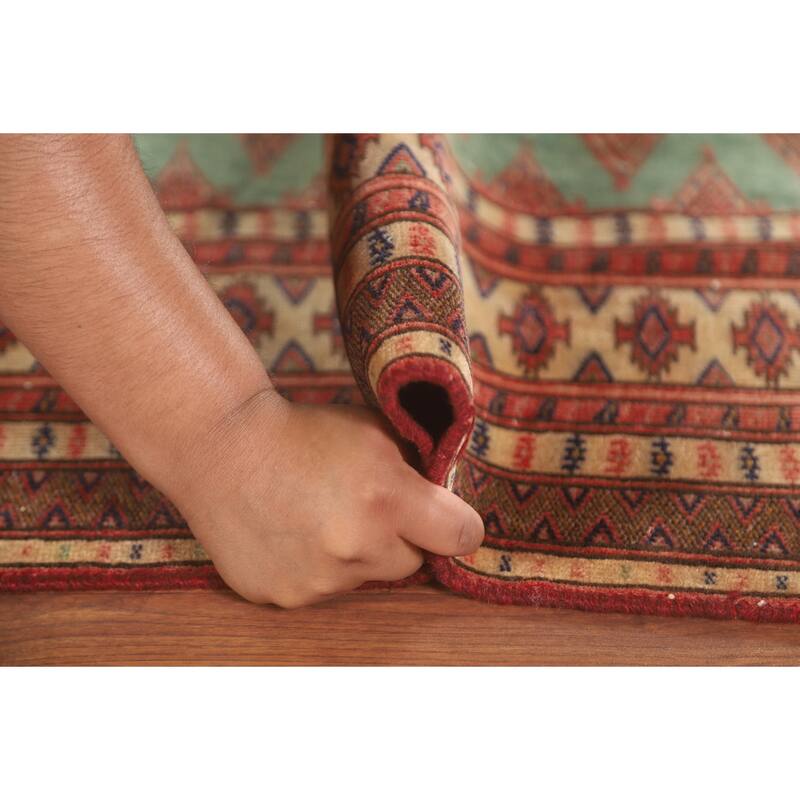 Hand Knotted Oriental 100% Wool Carpet Traditional Geometric Green Bokhara Area Rug - 4' 6'' X 3' 2''