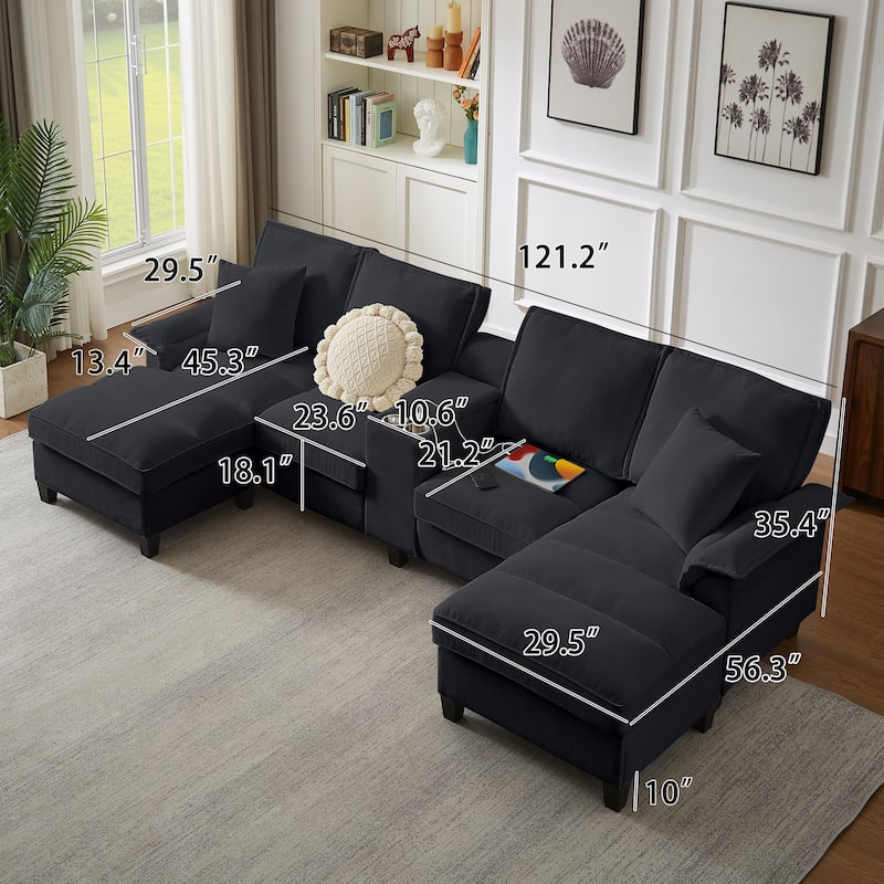 Corduroy U-shaped Sectional Sofa with Double Storage Chaise Lounge, Console Table with Charging Station, Box and Cup Holders