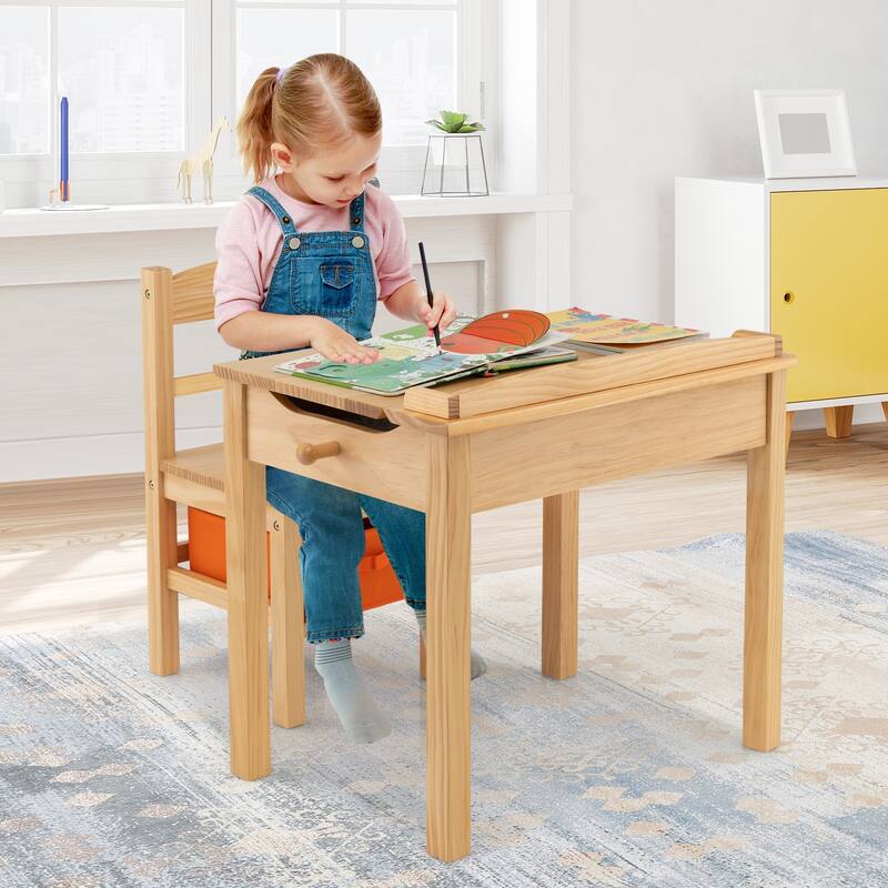 Gymax Kids Table and Chair Set Wood Activity Study Desk w/ Storage