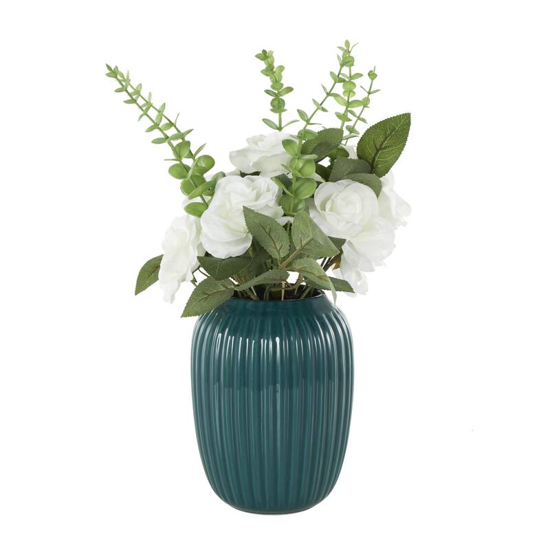 White Fabric Artificial Flower with Green Leaves and Round Ceramic Vase