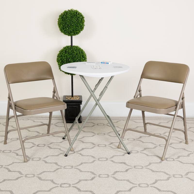 Set of 2 Metal Folding Chairs with Padded Seats - Beige Vinyl/Beige Frame
