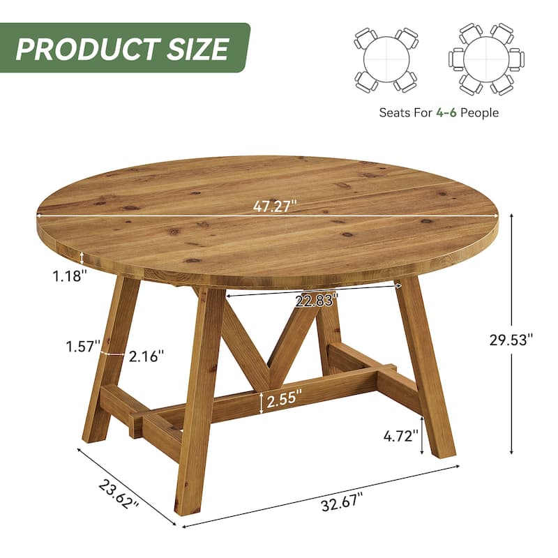 47 Inch Round Solid Wood Dining Table for 4-6, Farmhouse Kitchen Table - 47.24" D x 47.24" W x 29.53" H