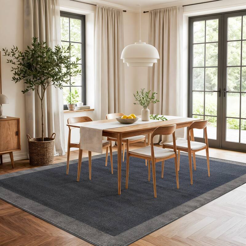 Modern Geometric Stripe Bordered Area Rug for Living Room, Bedroom, or Entryway - Low Pile Indoor Rug