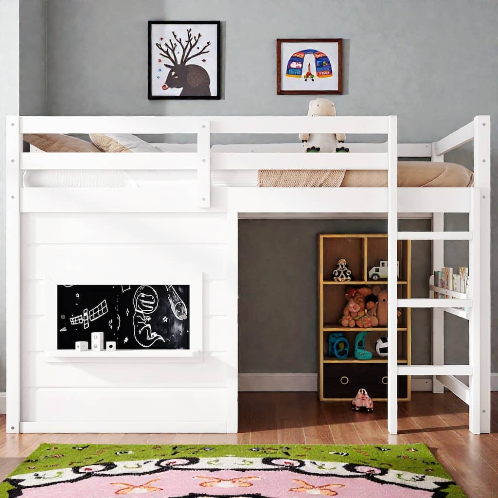Twin/Full Loft Bed with Sliding Chalkboard, Built-in Bookshelf, Solid Wood Frame & Safety Guardrails, Kids Playhouse Bed