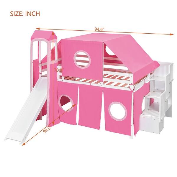 Full Size Loft Bed with Slide, Tent and Tower
