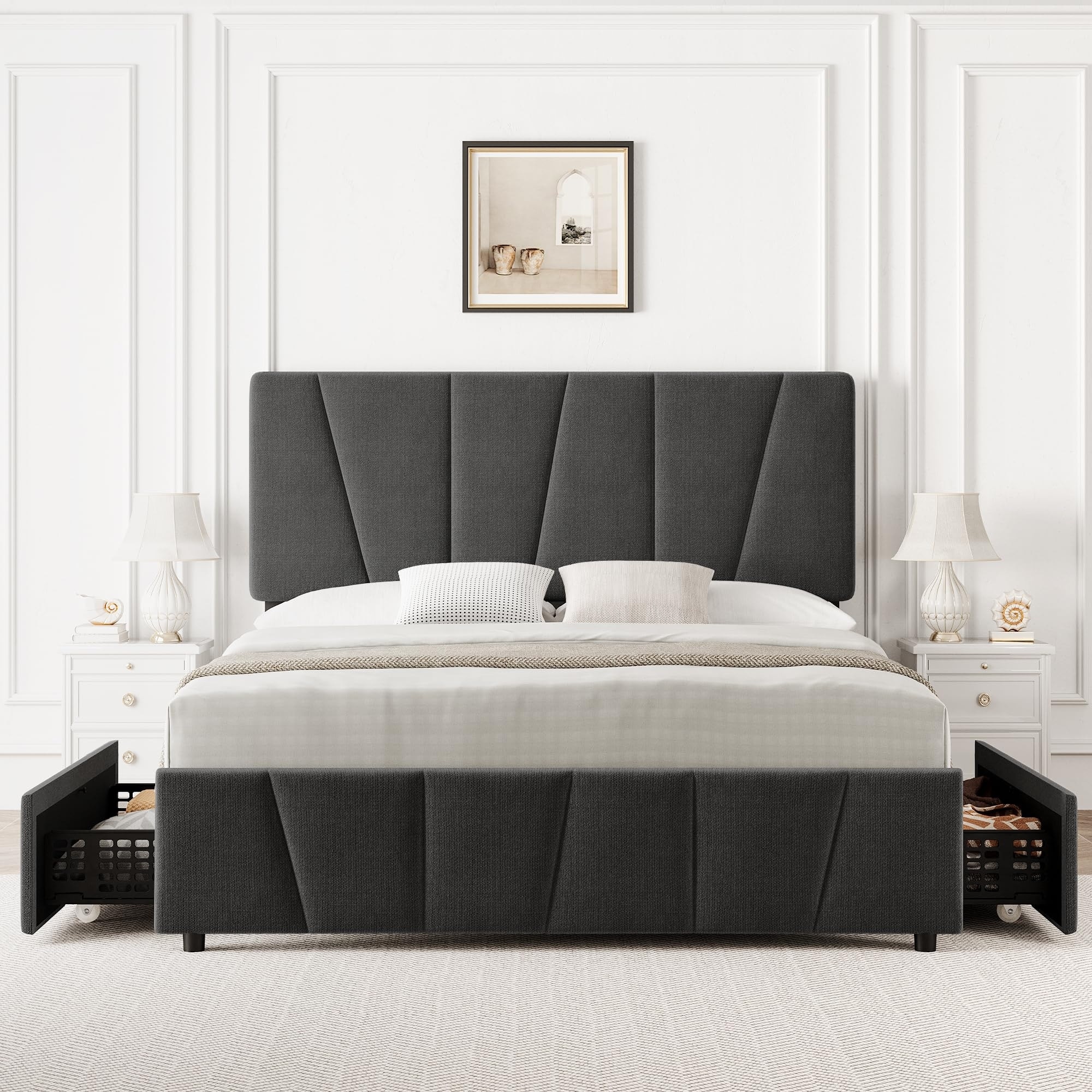 Full Size Bed Frame with Adjustable Headboard and 4 Storage Drawers, Upholstered Platform Bed Frame