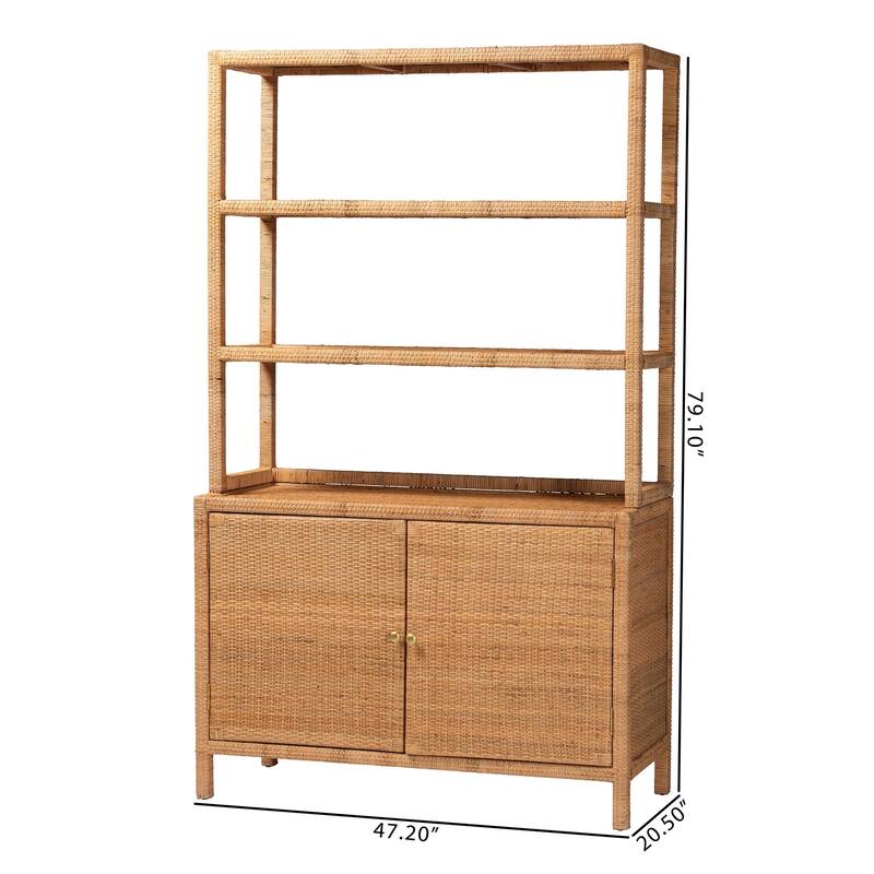 Mortis Natural Rattan Display Shelf with 2-Door Storage Cabinet - Coastal Boho Wicker Bookcase or Hutch for Living Room