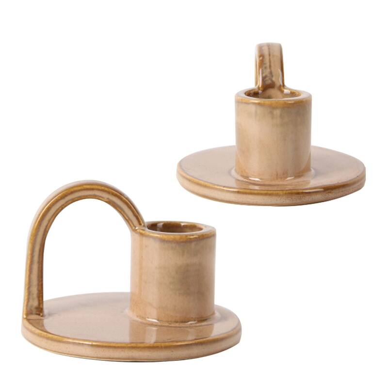 Set of Two Elise Short Candlesticks in Tan